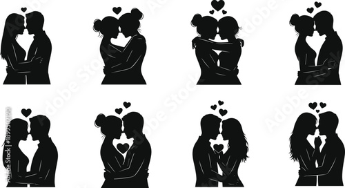 Romantic couple silhouette collection, loving partners hugging and kissing with heart symbols, black relationship icons isolated white background illustration set