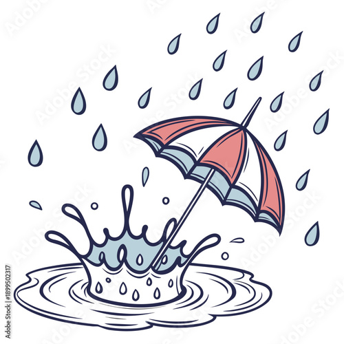 A person shielding themselves from rain with a colorful umbrella in a puddle