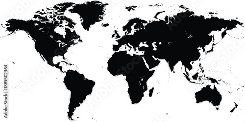 World map silhouette illustration, global continents geographic design, black and white earth map, detailed landmass isolated on white background