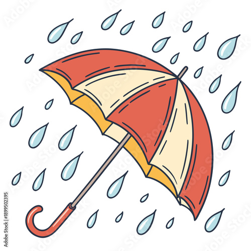 A colorful umbrella standing tall against a gentle rain shower