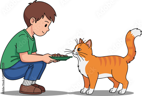 Cute cartoon boy feeding cat with food, child caring for pet animal, kindness and responsibility illustration isolated on white background