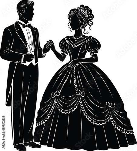 Victorian era couple silhouette illustration, elegant man and woman in vintage ballroom attire, romantic historical fashion concept isolated white background