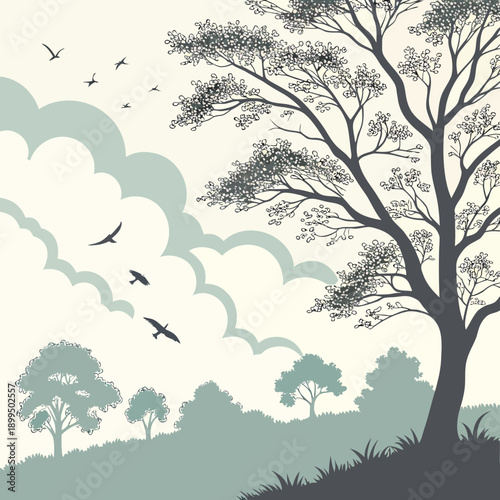 Serene landscape with trees under a flock of birds and scattered clouds