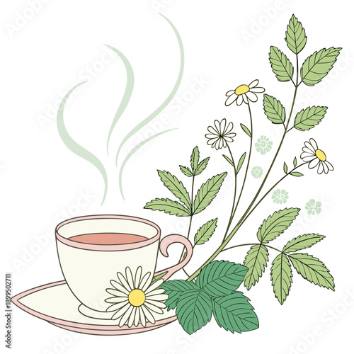 A steaming herbal tea cup surrounded by fresh mint leaves and stems.