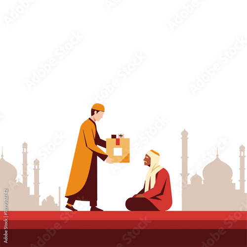 Man Giving Gift to Kneeling Person.