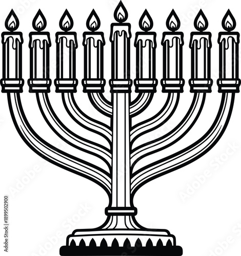 Jewish menorah silhouette illustration, traditional Hanukkah candelabrum with nine candles, religious holiday symbol, black line art isolated on white background