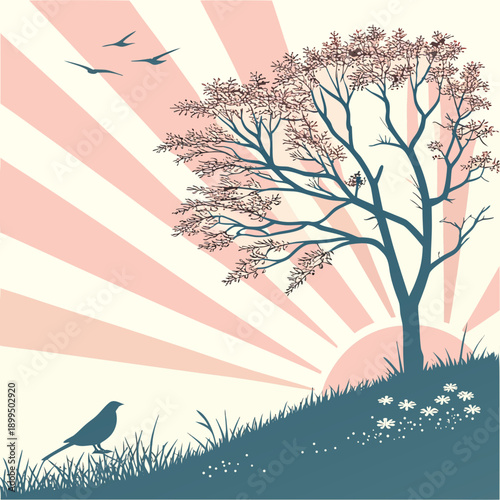 Serene dawn over a blooming hillside with solitary tree and birds