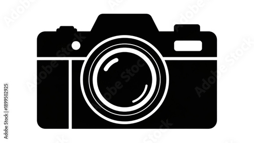 A black camera with a large lens is depicted on a plain background from a front viewpoint.