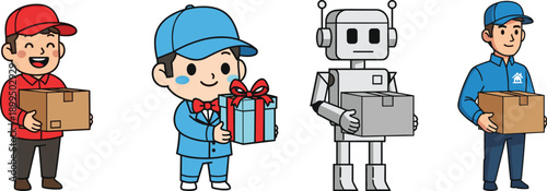 Cute cartoon delivery workers and robot holding packages, logistics service concept illustration showing human and AI delivery teamwork