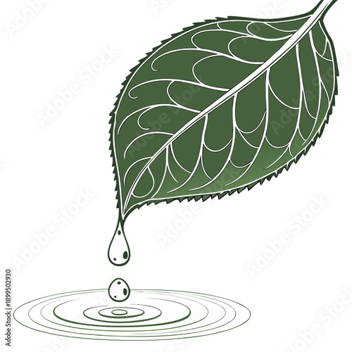 A serene depiction of a leaf releasing a single droplet of water onto a calm surface