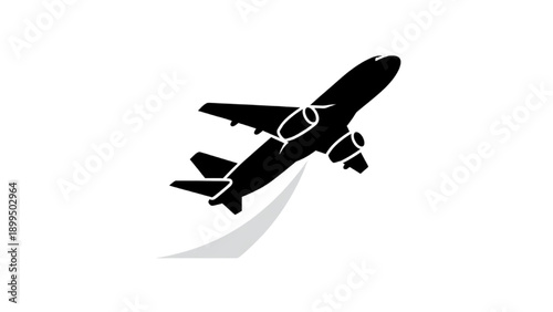 Airplane in flight silhouette against a clean white background viewed from the side