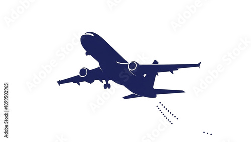 Airplane flying high in the sky with contrails, viewed from below, illustration of flight trajectory