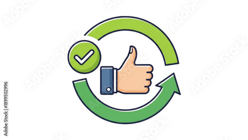 Hand giving thumbs up surrounded by circular green arrows and checkmark symbolizing approval and positive feedback in a simple illustration