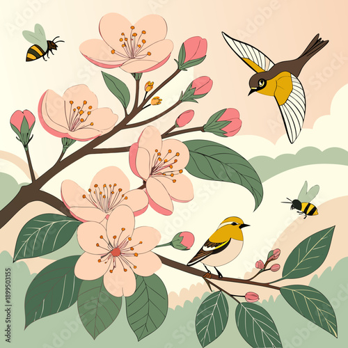 Vibrant spring blossoms with hummingbirds visiting delicate pink flowers