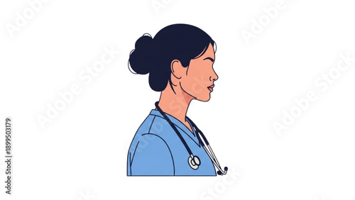 Illustration of a female doctor wearing a stethoscope standing alone in a clinical setting viewed from the side profile