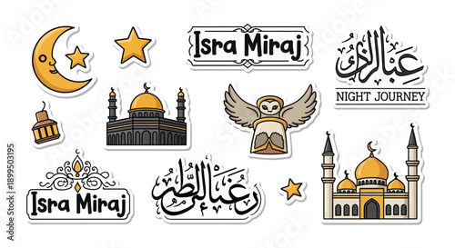 Isra Miraj Islamic Stickers Collection with Mosques, Moon, Stars, and Buraq
