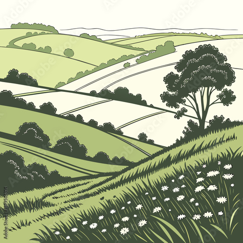 Serene countryside landscape with rolling hills and fields of crops