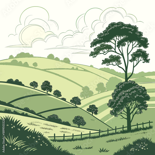 Serene pastoral landscape with rolling hills and scattered farmland under a partly cloudy sky