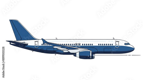 A blue and white commercial airplane flying through the sky viewed from the side with wings and engines visible