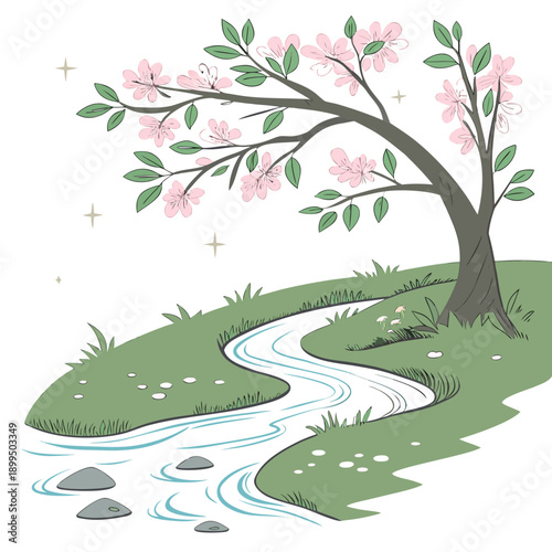 A serene scene of a tree beside a gentle flowing stream in a natural landscape