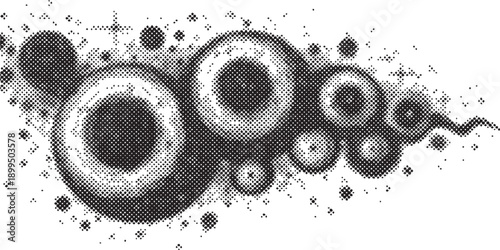 Abstract illustration of cellular division and reproduction in a microscopic environment.
