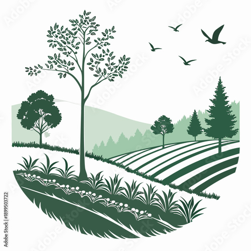 A serene countryside landscape with a tree, birds, and cultivated fields under a clear sky