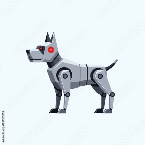 A sleek, grey robot dog with glowing red eyes standing on a light background, depicted in a modern cartoon style.