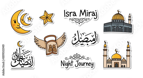 Islamic Isra Miraj Sticker Set with Mosques, Crescent Moons, and Arabic Calligraphy