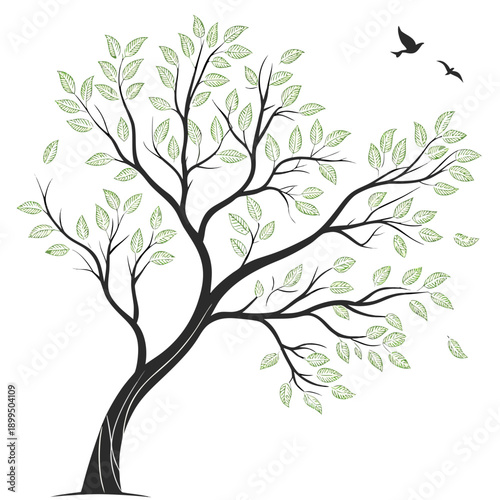 A serene tree with green foliage and a flying bird in a clear sky background