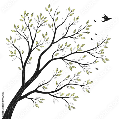 A minimalist line drawing of a bare tree branch with a single bird in flight
