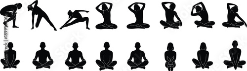 Yoga exercise silhouettes collection, fitness stretching and meditation poses, healthy lifestyle workout sequence vector illustration isolated on white
