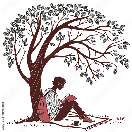 A contemplative figure resting beneath the shelter of a grand, ancient tree.