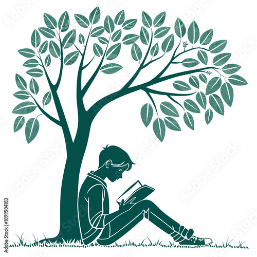 A person sitting under a tree engrossed in reading a book on a sunny day