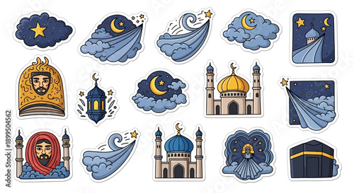 Set of Cartoon Islamic Stickers Featuring Mosques, Kaaba, and Starry Nights