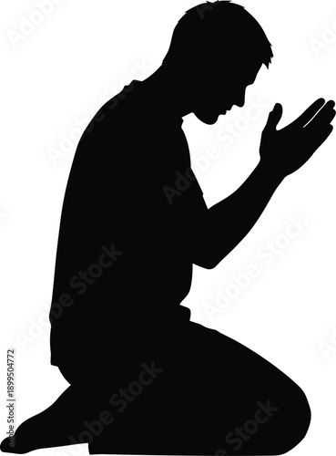 Muslim man praying while kneeling silhouette isolated on white background expressing faith devotion worship spirituality and religious belief