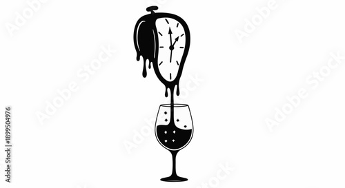 Melting clock drips into wine glass, symbolizing fleeting time and enjoyment.