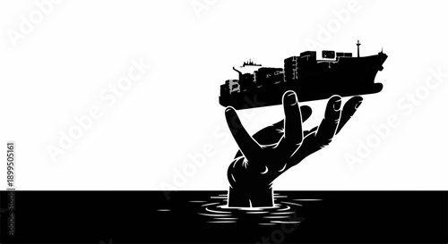 Giant hand emerges from dark water holding a cargo ship against a bright sky