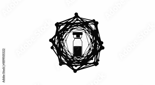 Scientific research vial enclosed in a complex network structure symbolizing data and discovery.