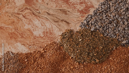 Different Types of Spices and Stones Arranged on a Flat Surface in Natural Co...