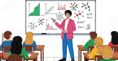 Teacher explaining science and math concepts in classroom, students learning chemistry, physics and data analysis, education illustration