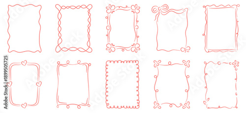Doodle Frames set. Cute hand-drawn doodle-style frames with flowers, hearts, ribbons and other decorations. For weddings, invitations, birthdays and printing.