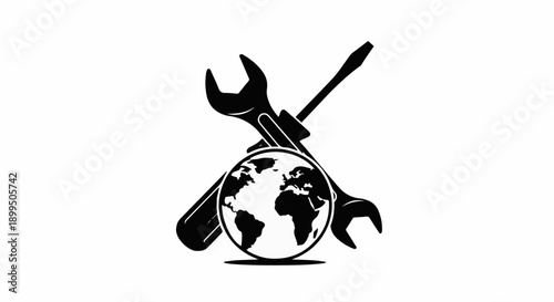 Global repair and maintenance services symbolized by tools and planet earth