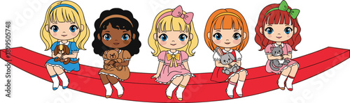 Diverse little girls sitting together holding dolls, inclusive childhood friendship, multicultural kids illustration isolated on white background