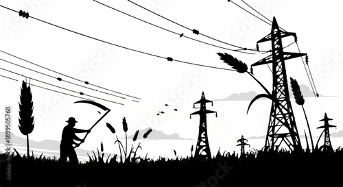Farmer harvesting crops with a scythe under high voltage power lines, symbolizing rural energy transition.