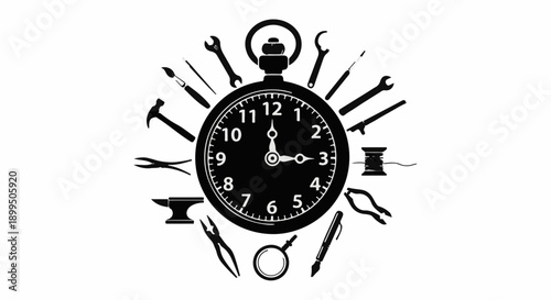 Vintage pocket watch surrounded by various artisan tools symbolizing craftsmanship and time.