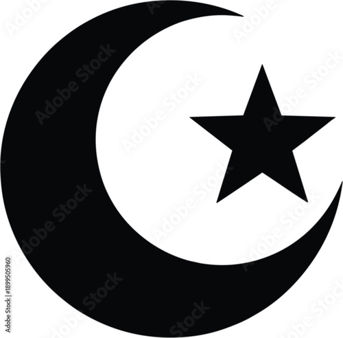 Islamic crescent moon with star silhouette isolated on white background representing muslim faith religion ramadan eid symbol concept