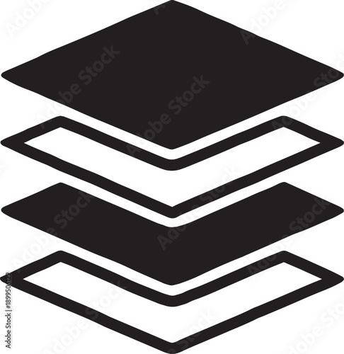 Isometric stack of flat layers, symbolizing neural network layers, data stacking, software architecture, and full-stack development, designed as a clean black vector icon