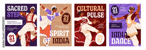Set of Indian dance lessons event posters designs. Advertising template of ethnic dancers' school of India. Promotion layouts of national Hindu show: odissi, kuchipudi. Flat vector illustrations
