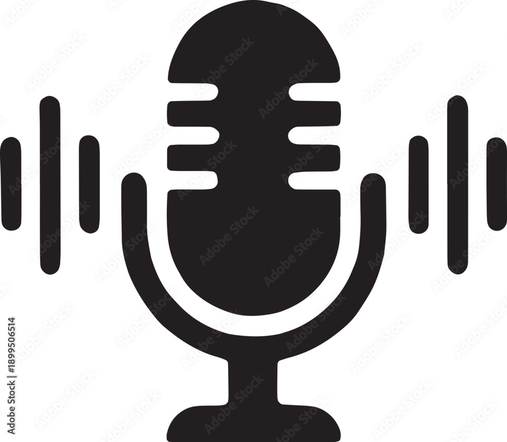 Fototapeta premium Microphone icon with sound waves, representing natural language processing, voice assistants, and audio input technology, designed as a clean black vector graphic