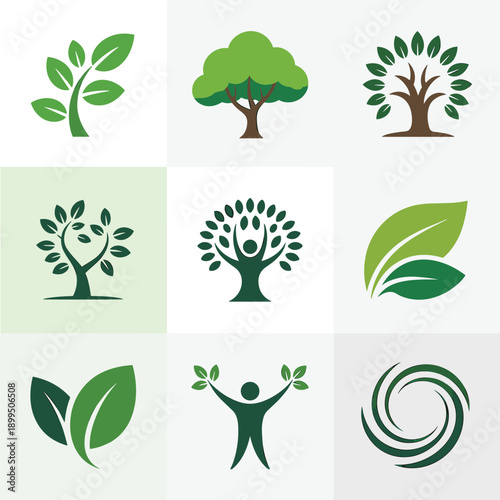 Eco tree and leaf logo set, nature sustainability icons, green environment symbols, organic growth wellness vector collection